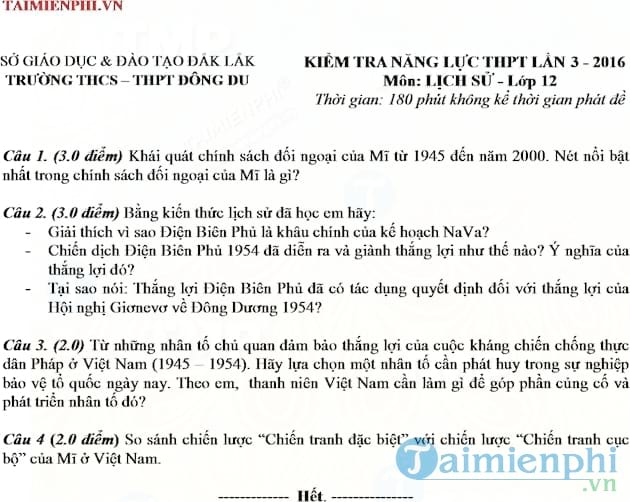 Đề thi thử THPT Quốc gia môn Lịch Sử THPT Đông Du năm 2016