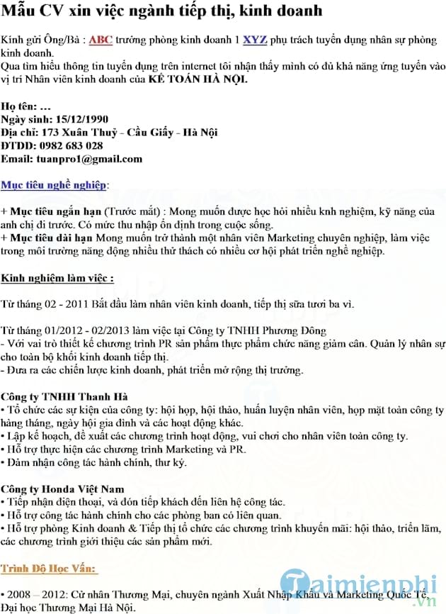 CV xin việc dành cho chuyên viên phát triển kinh doanh, phát triển thị trường