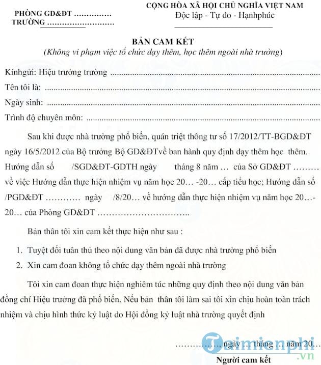 Bản cam kết không dạy thêm, học thêm