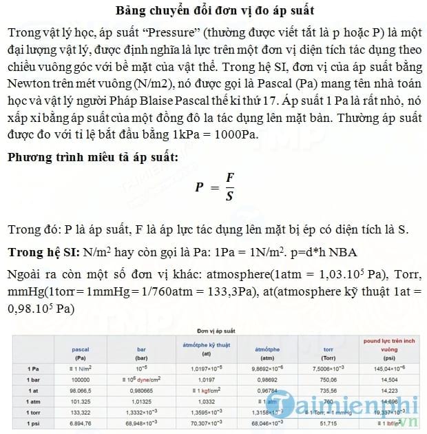 Bảng chuyển đổi đơn vị áp suất