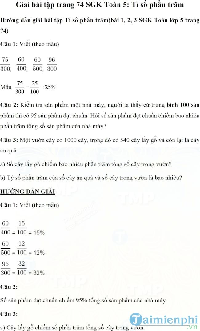 Giải bài tập trang 74 SGK Toán 5