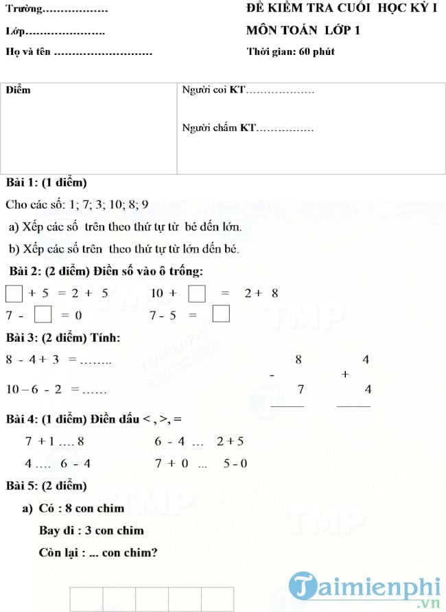 Đề thi học kì 1 lớp 1 môn Toán