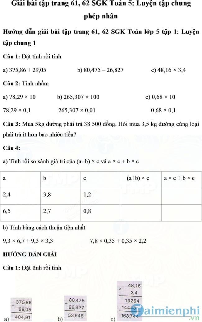 Giải bài tập trang 61, 62 SGK Toán 5