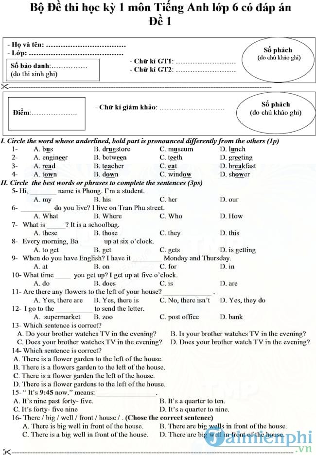 Bộ đề thi học kỳ 1 môn Tiếng Anh lớp 6