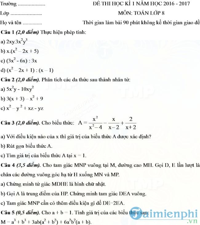 Đề thi học kì 1 môn Toán lớp 8