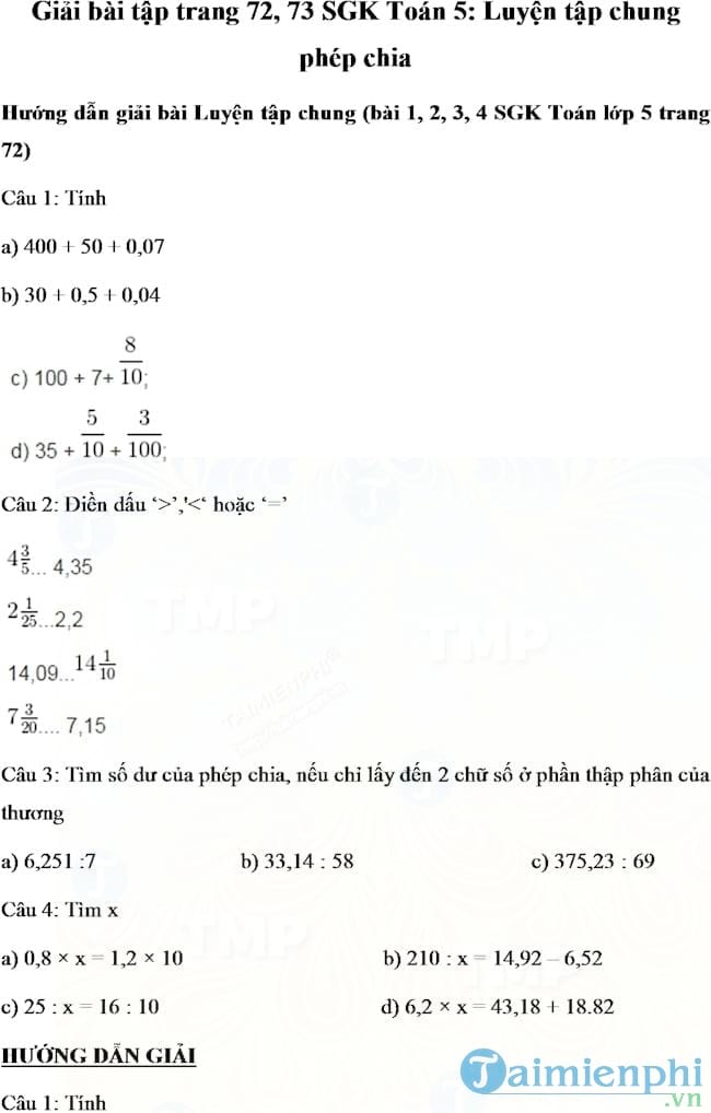 Giải bài tập trang 72, 73 SGK Toán 5
