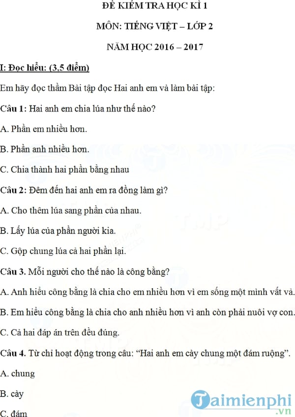 Đề thi học kì 1 lớp 2