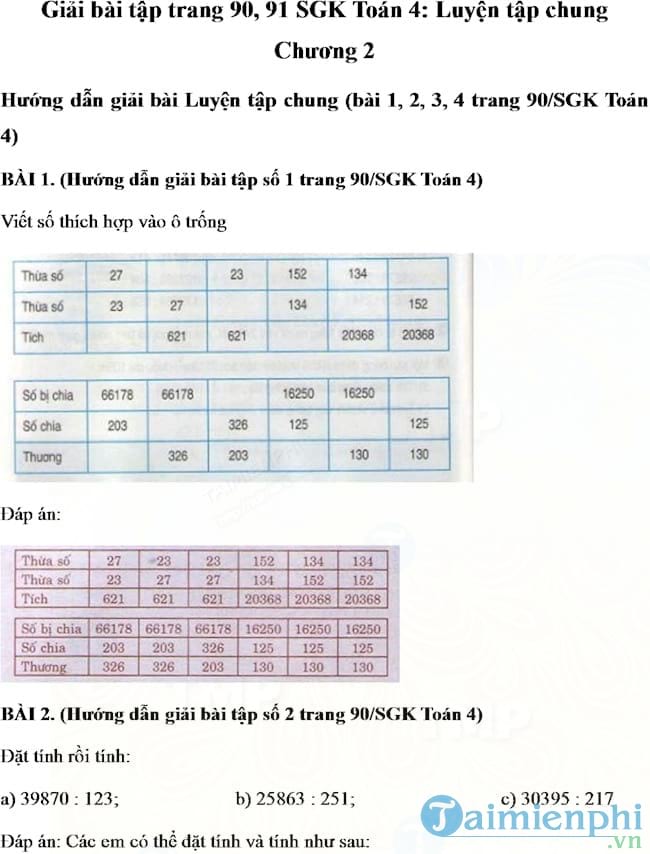 Giải bài tập trang 90, 91 SGK Toán 4