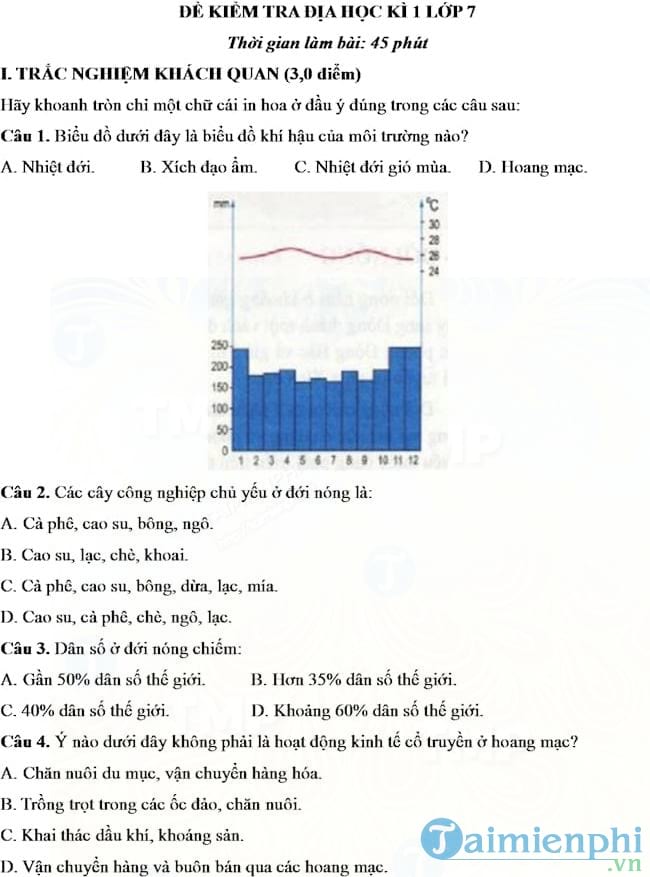 de kiem tra hoc ki i lop 7 mon dia li