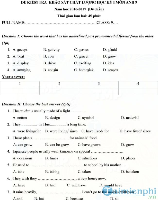 Đề thi học kỳ 1 môn Tiếng Anh lớp 9