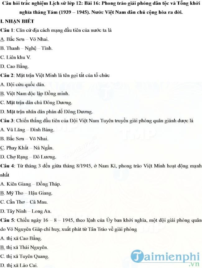 Câu hỏi trắc nghiệm Lịch sử lớp 12