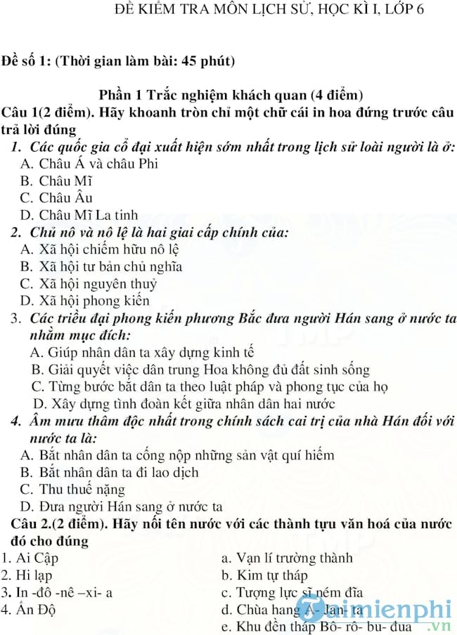 Đề kiểm tra học kì I lớp 6 môn Lịch sử