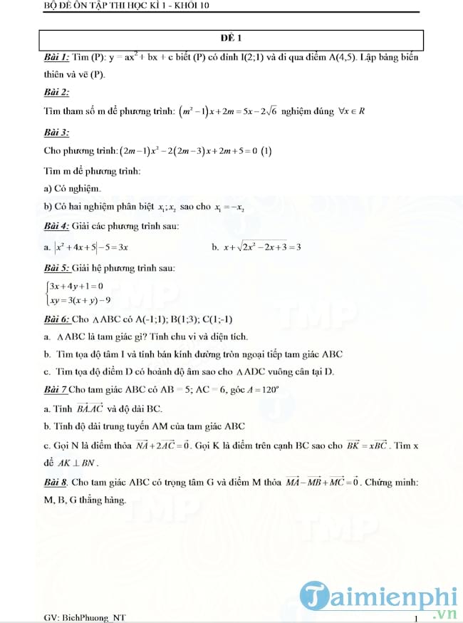 Đề thi học kì 1 môn Toán lớp 10
