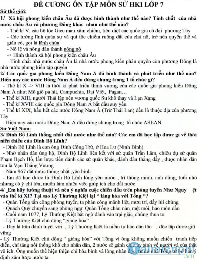 Đề cương ôn tập học kì 1 môn Lịch sử lớp 7