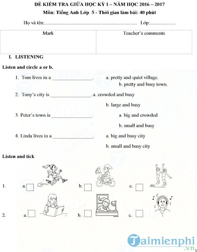 Đề thi giữa học kỳ 1 môn Tiếng Anh lớp 5