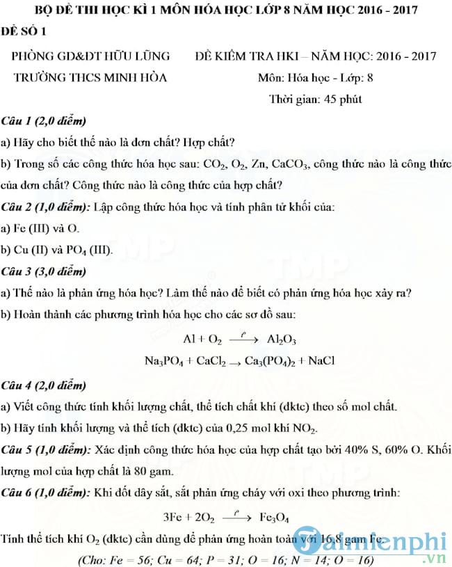 Đề thi học kì 1 môn Hóa học lớp 8