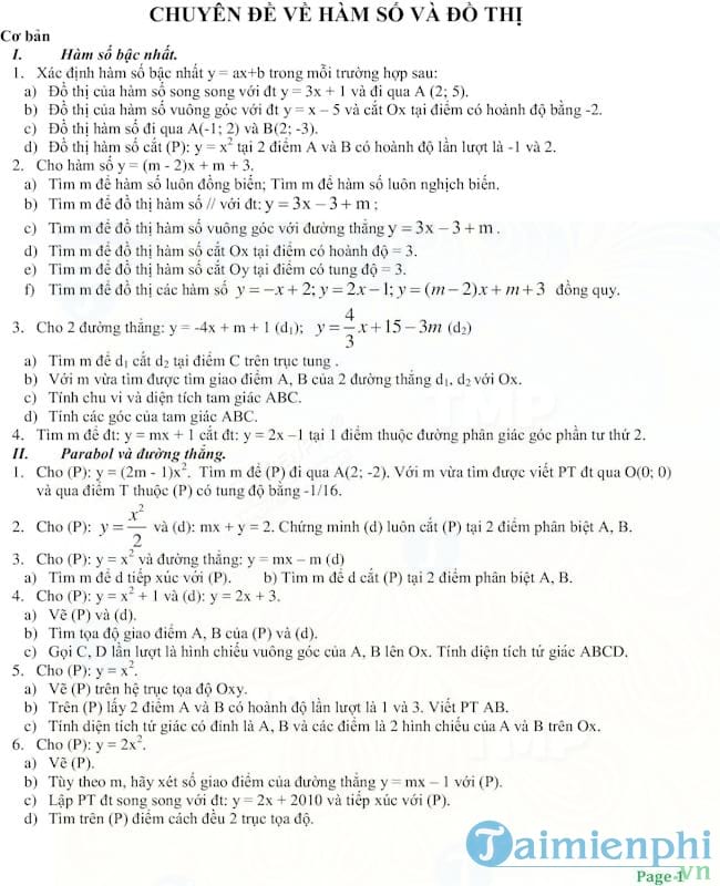 Chuyên đề hàm số và đồ thị ôn thi vào lớp 10