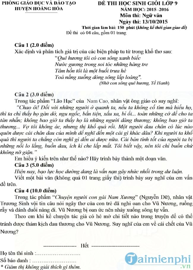 de thi hoc sinh gioi mon ngu van lop 9 huyen hoang hoa