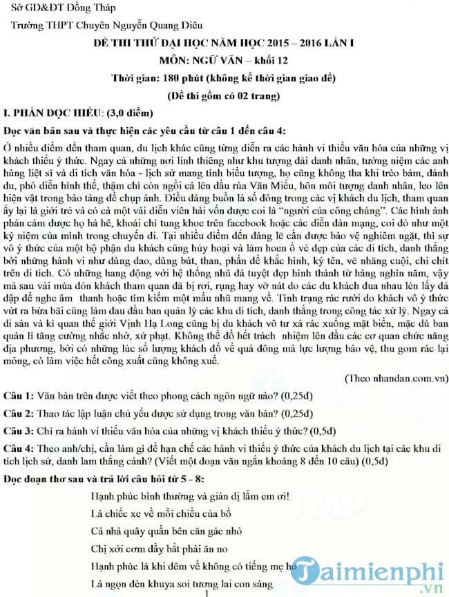 Đề thi thử THPT Quốc gia môn Ngữ văn trường THPT Chuyên Nguyễn Quang Diêu