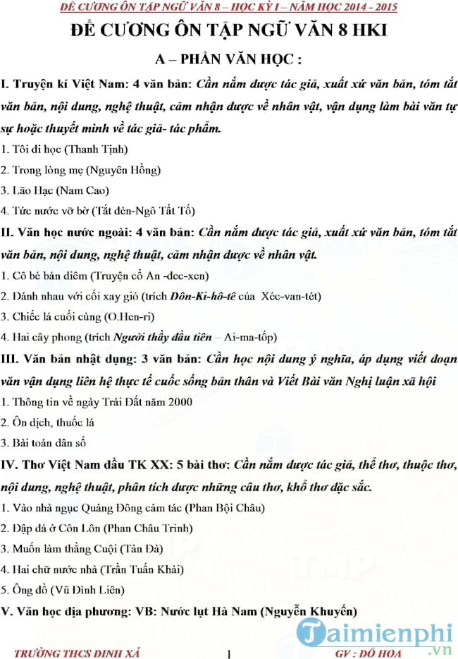 Đề cương ôn tập học kì 1 môn Ngữ văn lớp 8