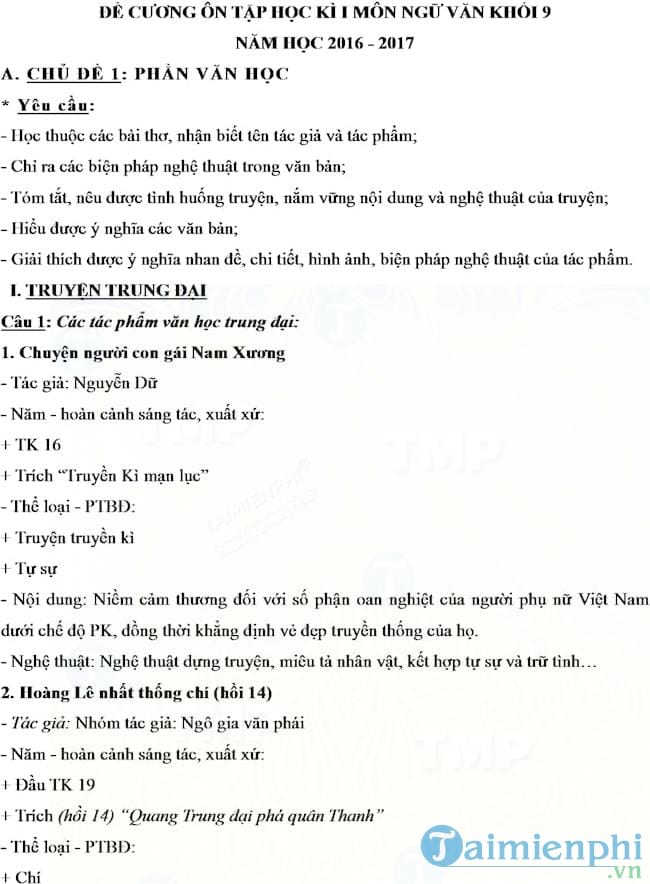 Đề cương ôn tập học kì 1 môn Ngữ văn lớp 9