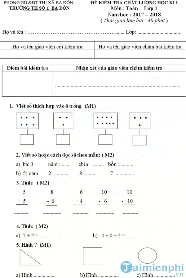 Bộ đề thi học kì 1 lớp 1 năm 2017 2018