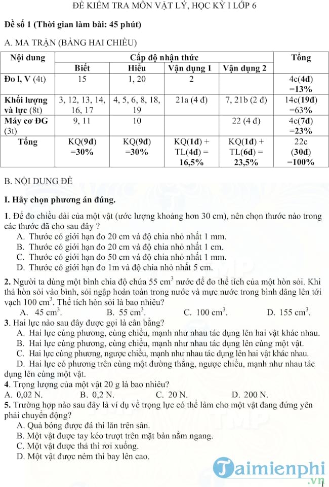 Đề kiểm tra học kì I môn Vật lý lớp 6