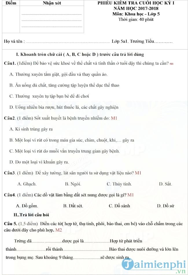 Đề thi học kì 1 môn Khoa học lớp 5 năm 2017 - 2018