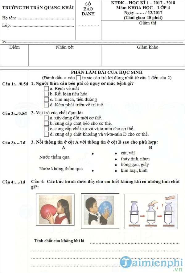 Bộ đề thi học kì 1 lớp 4 năm 2017 2018