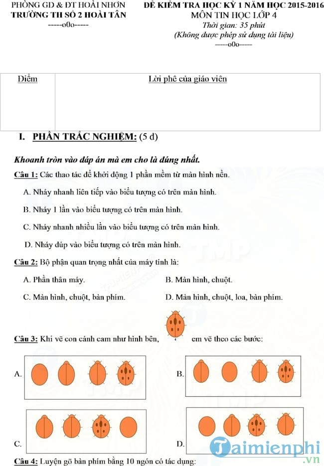 Đề thi học kì 1 môn Tin học lớp 4