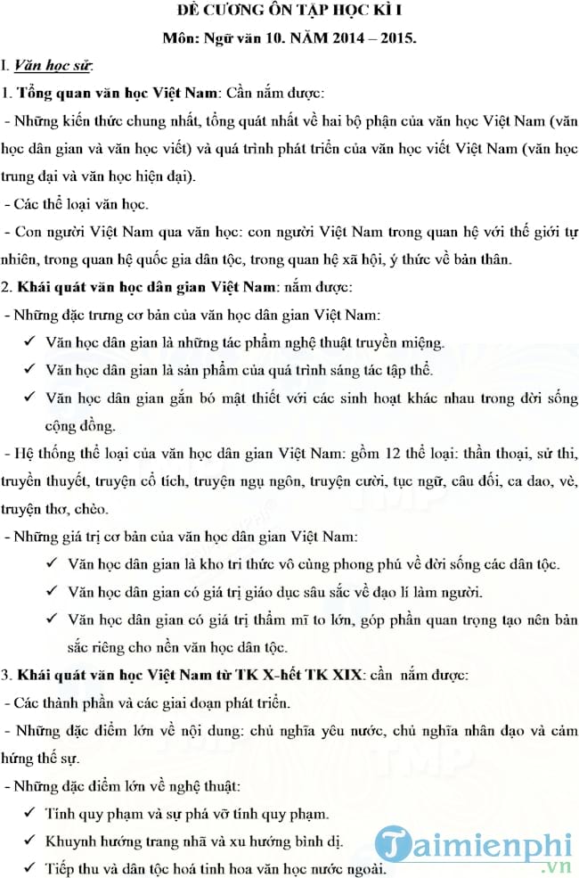 Đề cương ôn tập học kì 1 môn Ngữ văn lớp 10