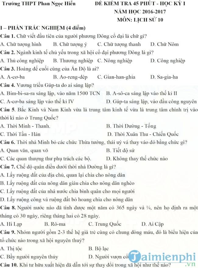 Đề kiểm tra 45 phút học kì 1 môn Lịch sử lớp 10 trường THPT Phan Ngọc Hiển