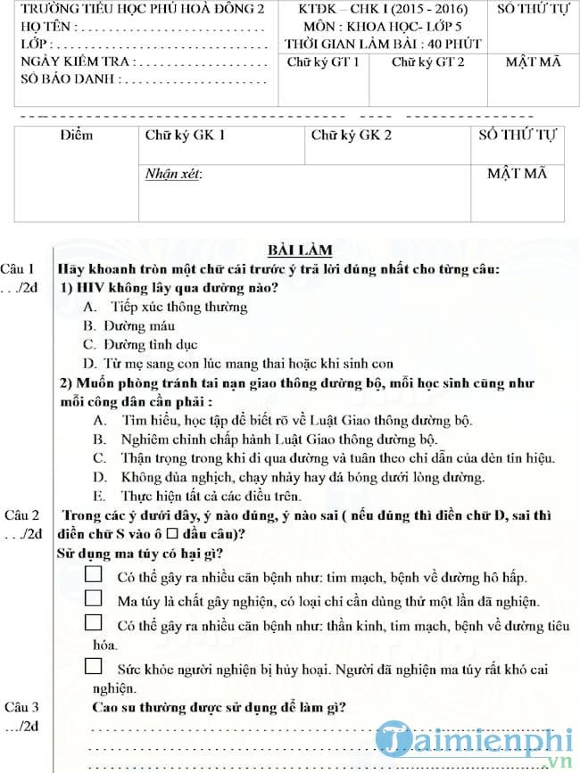 Đề kiểm tra cuối học kì 1 môn Khoa học lớp 5