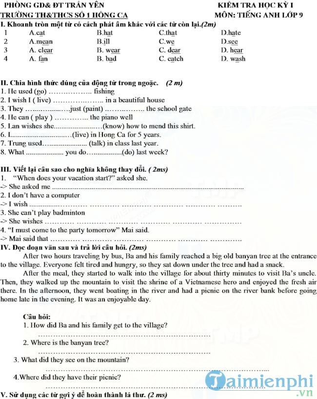 Đề thi học kì 1 lớp 9 môn tiếng Anh năm học 2017 2018