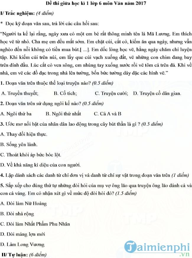 de thi giua hoc ki 1 mon ngu van lop 6
