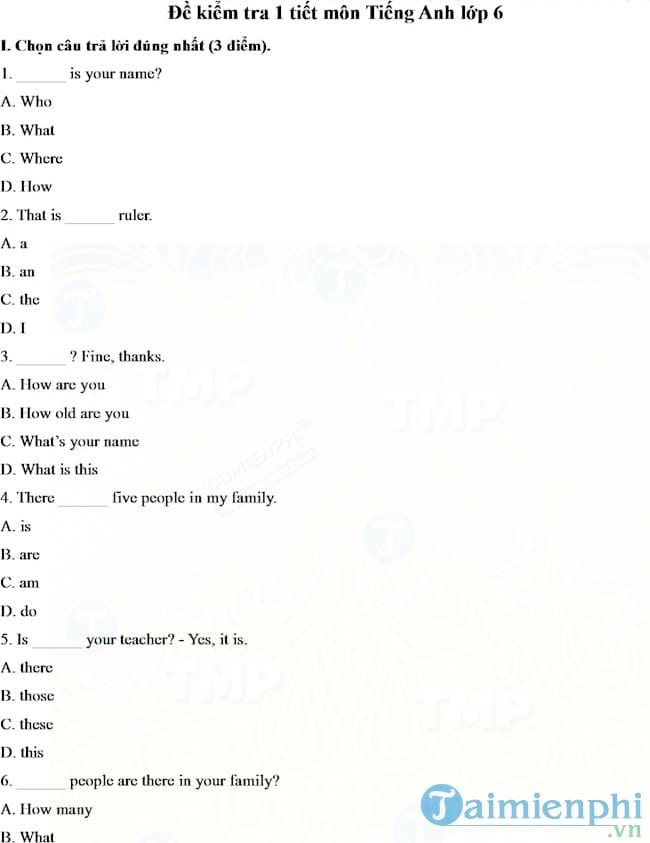 Đề kiểm tra 1 tiết môn Tiếng Anh lớp 6