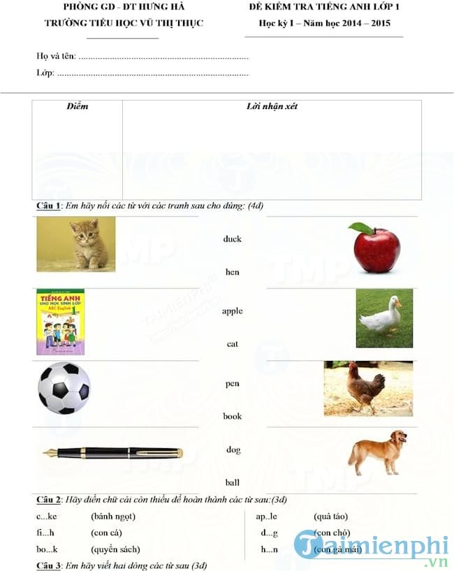 Đề kiểm tra học kỳ 1 môn tiếng Anh lớp 1
