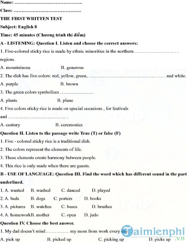 de kiem tra 1 tiet mon tieng anh lop 8