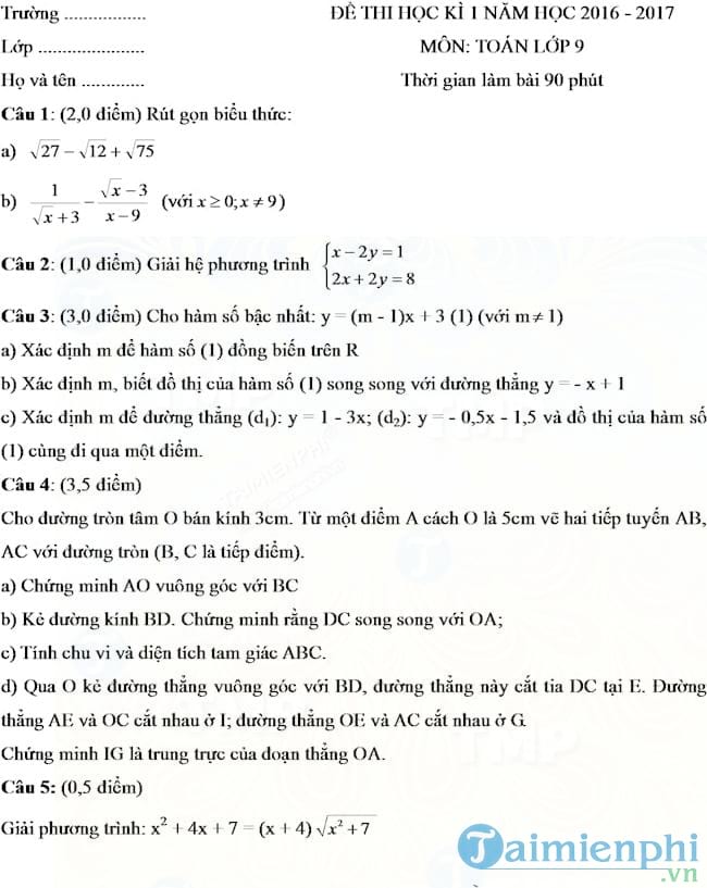 Đề thi học kì 1 môn Toán lớp 9 năm học 2016 - 2017