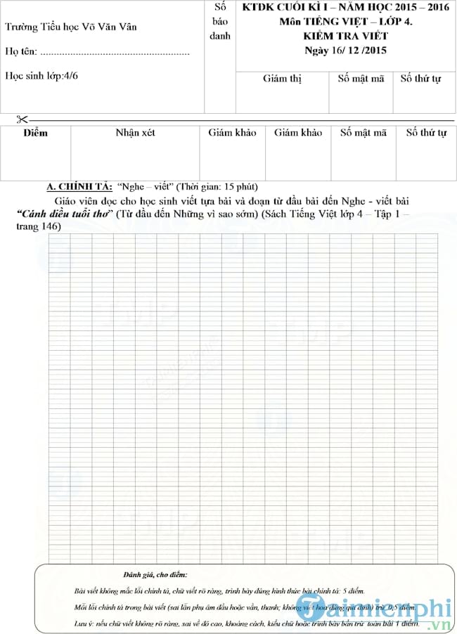 Đề kiểm tra cuối học kì 1 môn Tiếng Việt lớp 4