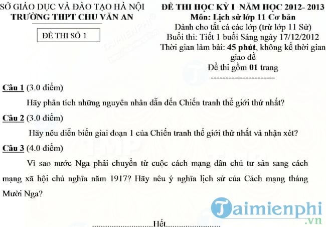 Đề thi học kì I môn Lịch sử lớp 11 THPT Chu Văn An