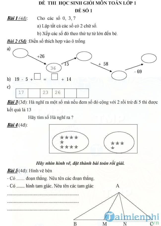20 đề ôn luyện học sinh giỏi môn Toán lớp 1