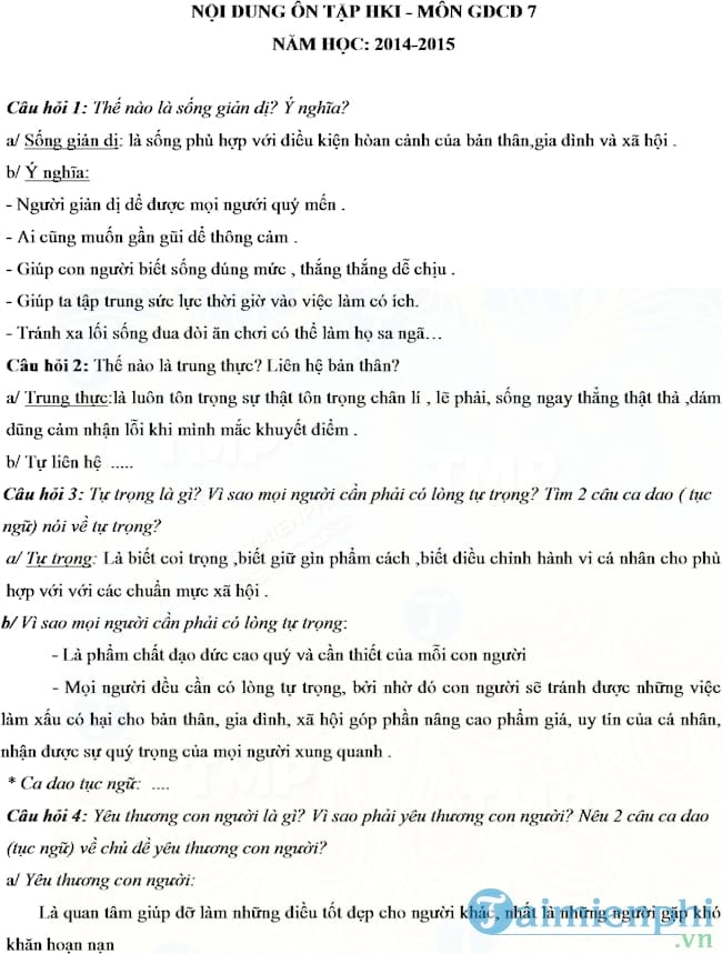 Đề cương ôn tập học kì 1 môn Giáo dục công dân lớp 7