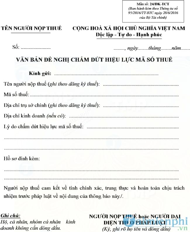 Văn bản đề nghị chấm dứt hiệu lực mã số thuế