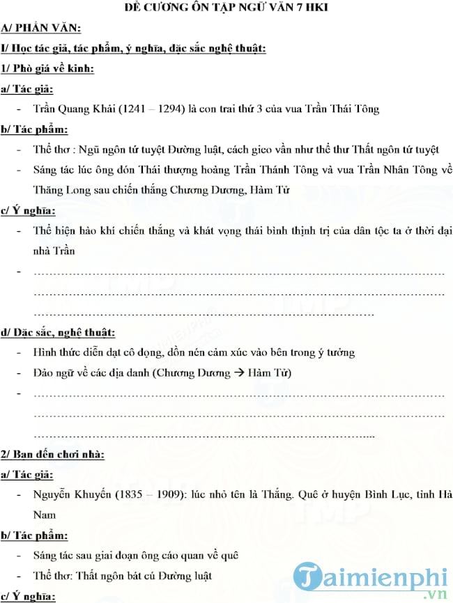 Đề cương ôn tập học kì 1 môn Ngữ văn lớp 7