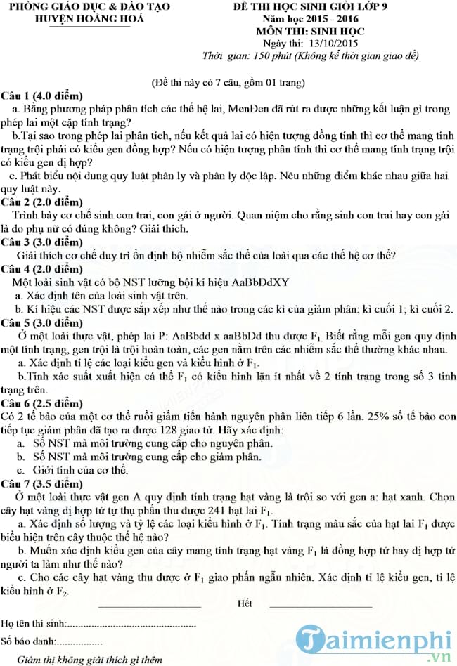 Đề thi học sinh giỏi môn Sinh học lớp 9 huyện Hoằng Hóa
