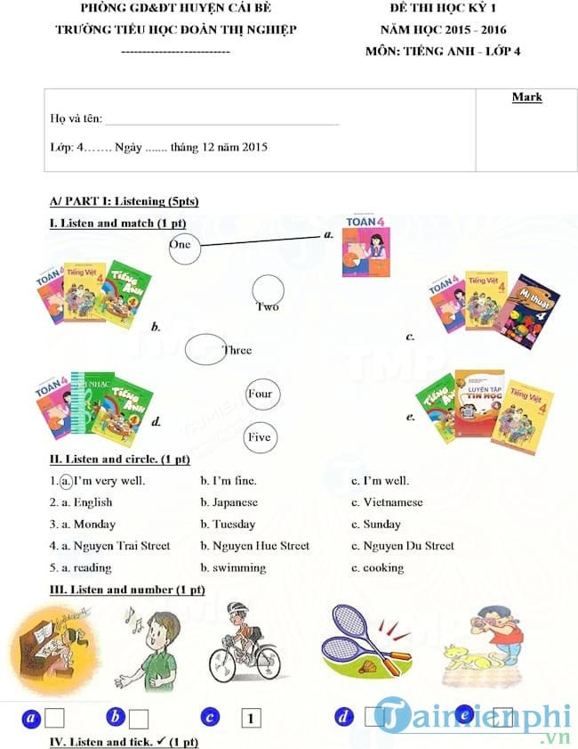 Đề thi học kỳ 1 môn tiếng Anh lớp 4