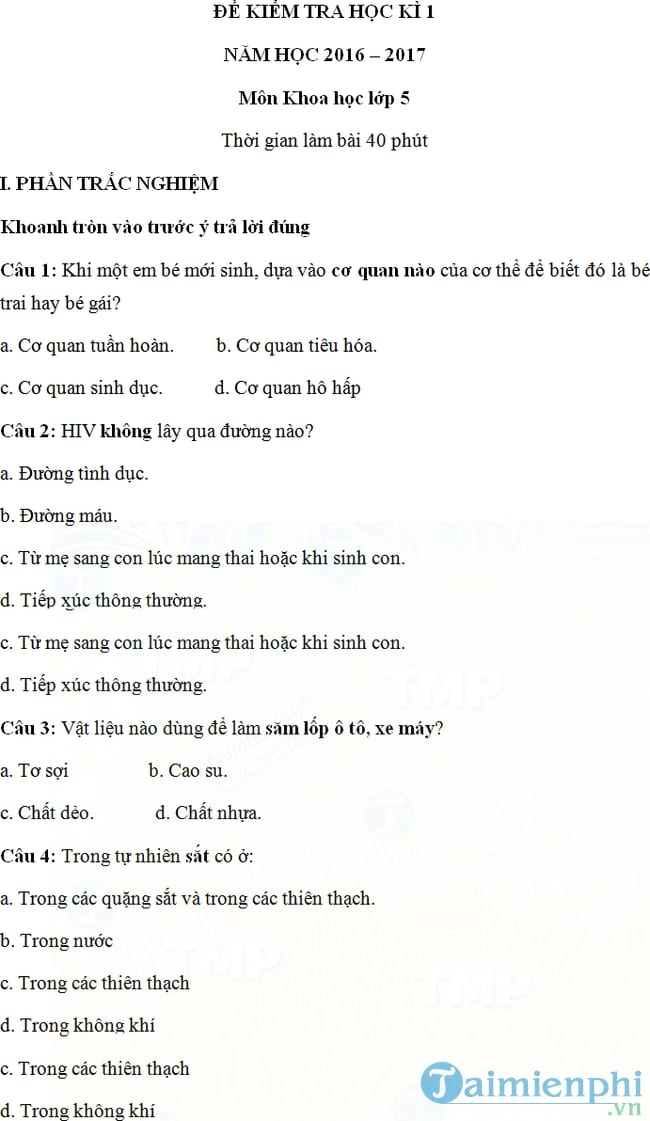 Đề thi học kì 1 môn Khoa học lớp 5