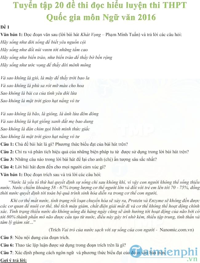 Tuyển tập 20 đề thi đọc hiểu luyện thi THPT Quốc gia môn Ngữ văn