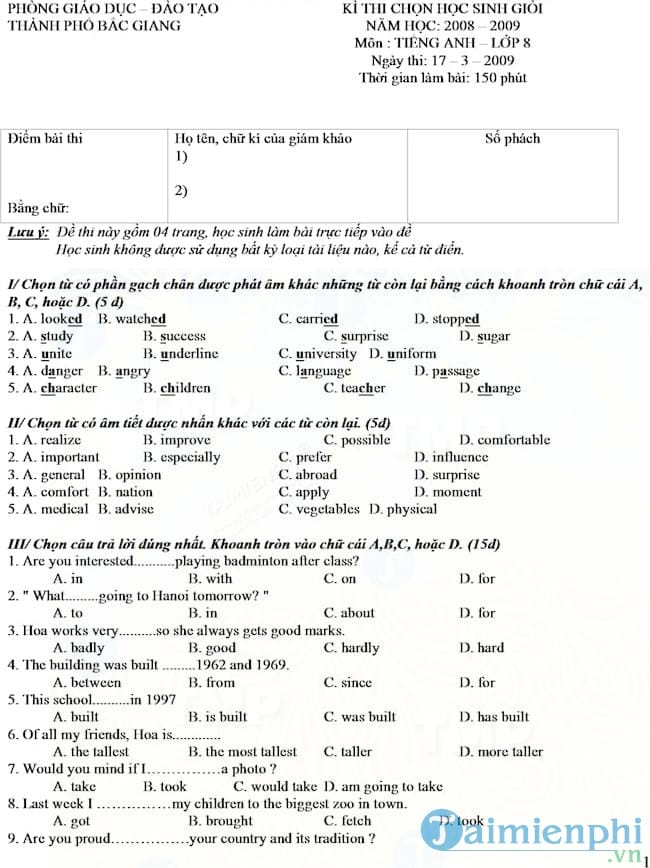 30 de thi hoc sinh gioi tieng anh lop 8